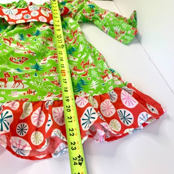 Christmas Holiday red green white reindeer snowflake ruffled bow twirl dress - Picture 10 of 13